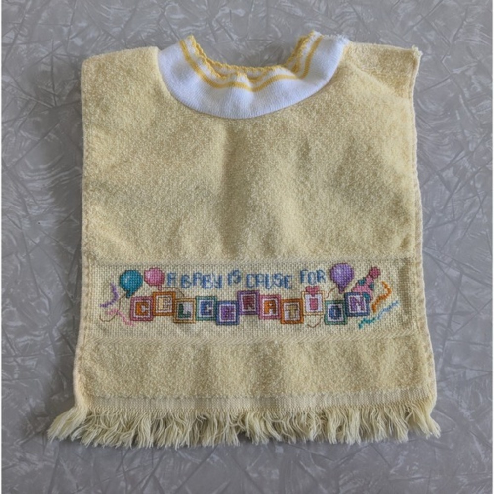 Vintage Cross Stitch Baby Bib Yellow Terry Cloth